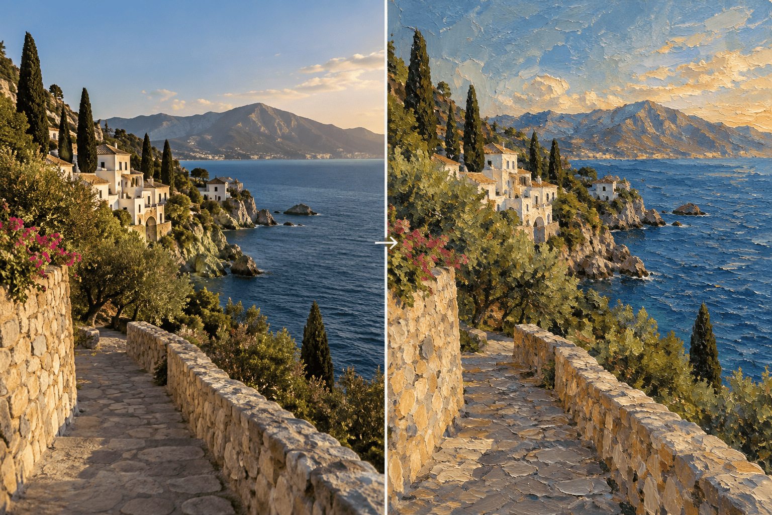 Landscape before and oil painting after
