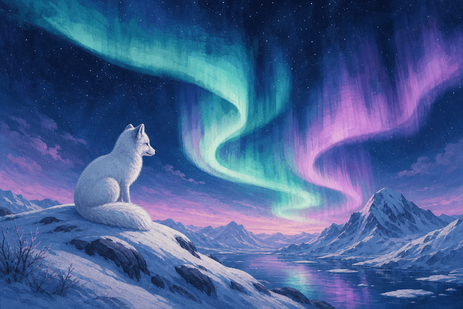 AI illustrated aurora with an Arctic fox