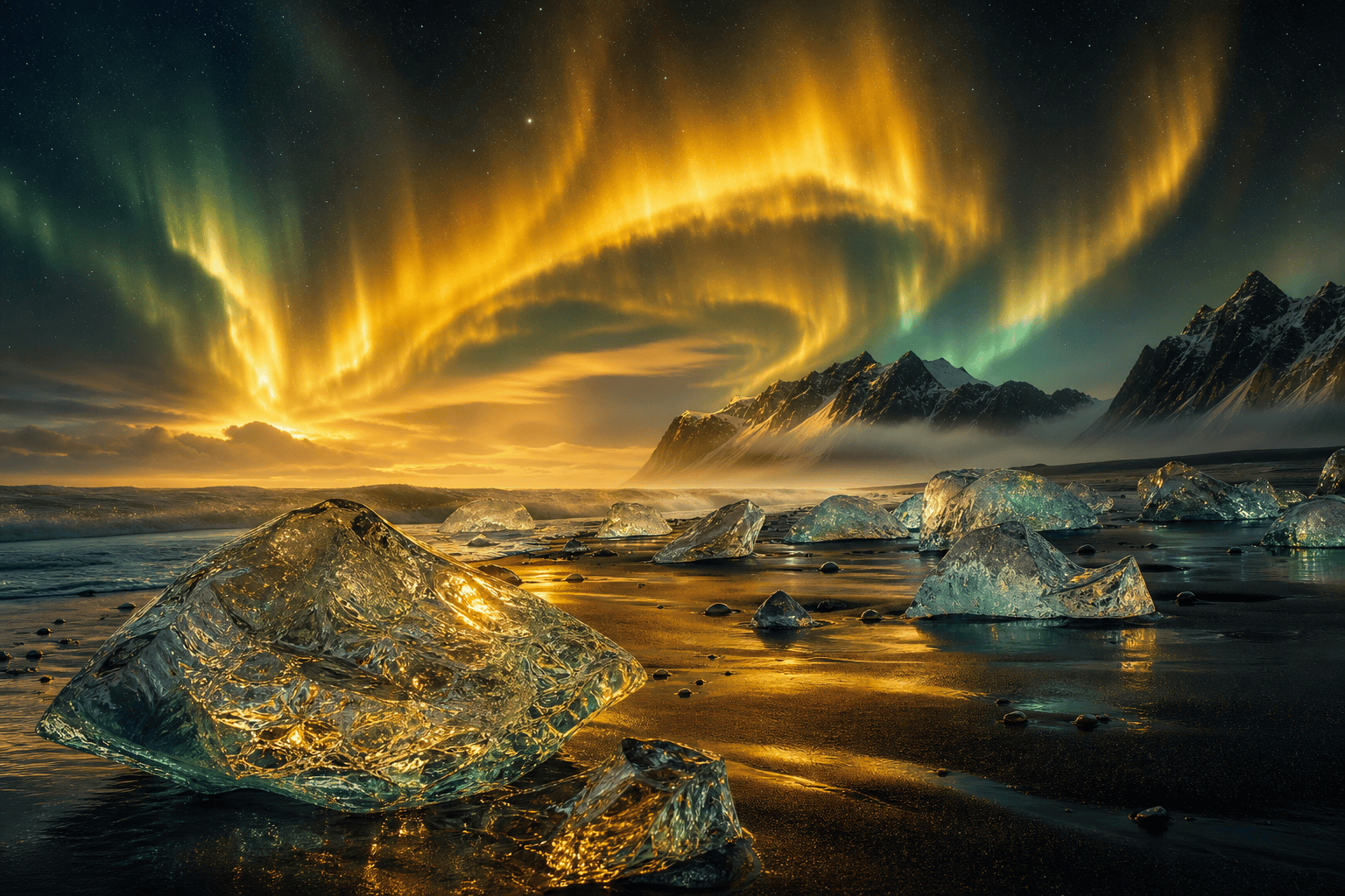AI golden aurora over an ice beach