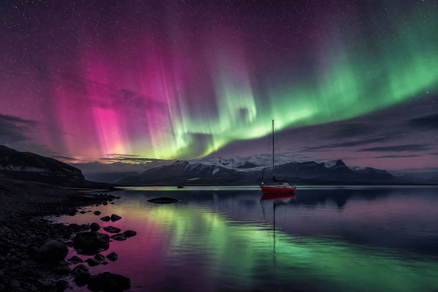AI aurora reflected in an Iceland lagoon