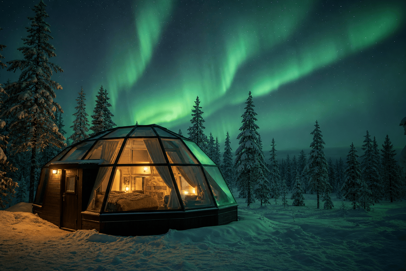 AI northern lights over a Lapland cabin