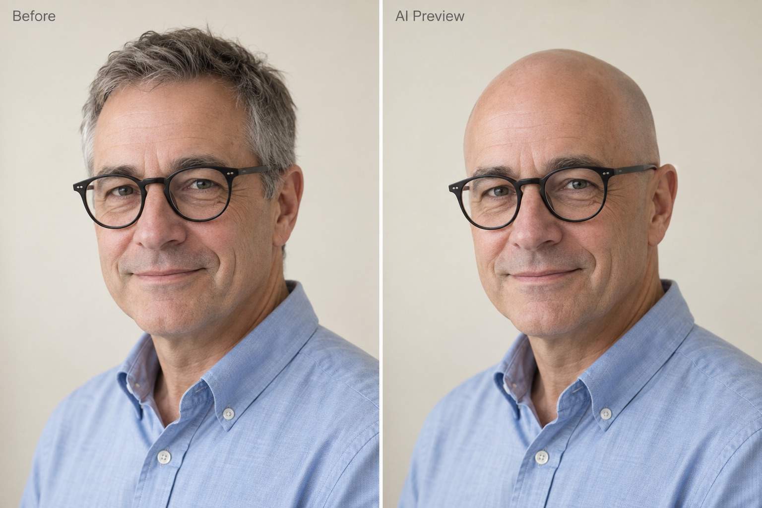 Shaved head preview with glasses