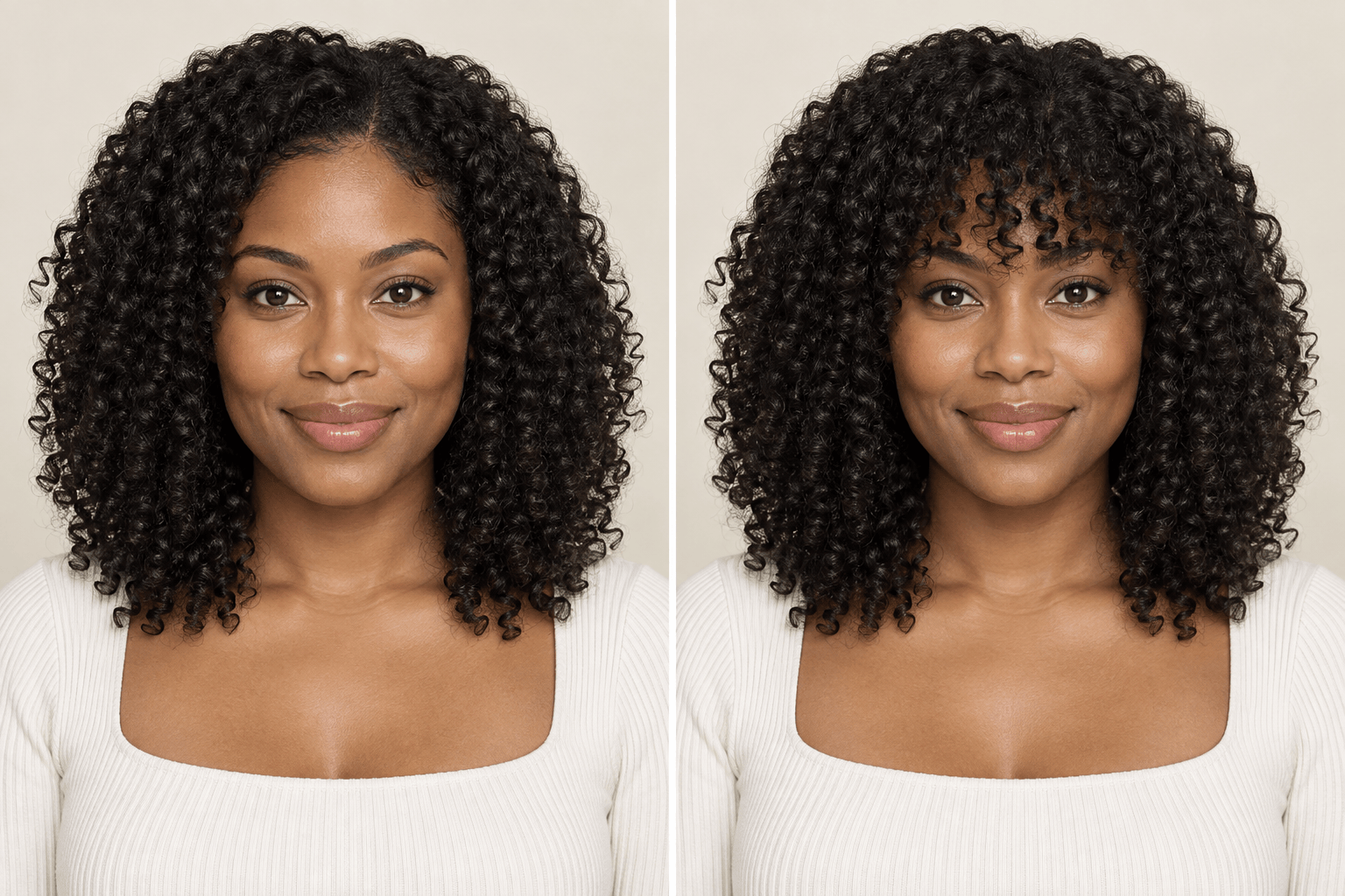 Curly bangs before and after AI preview