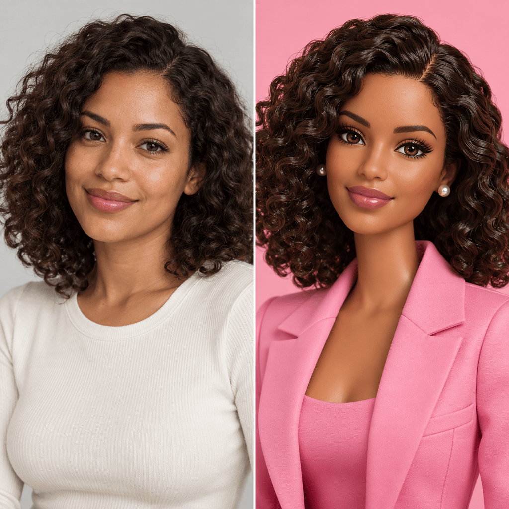 Barbie doll portrait before and after