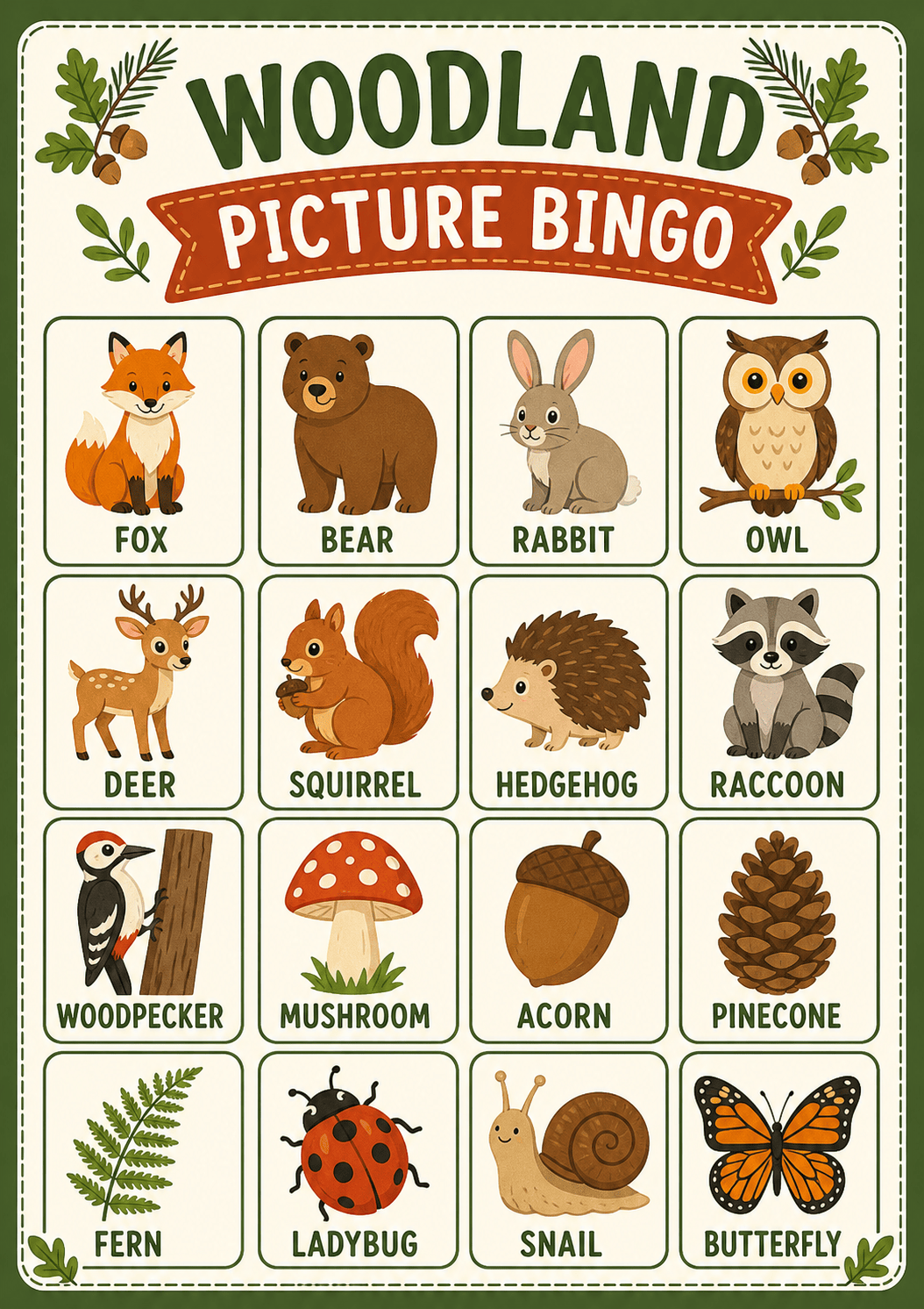 kids picture bingo card