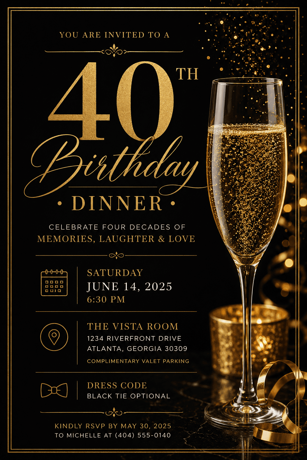 gold birthday dinner invite