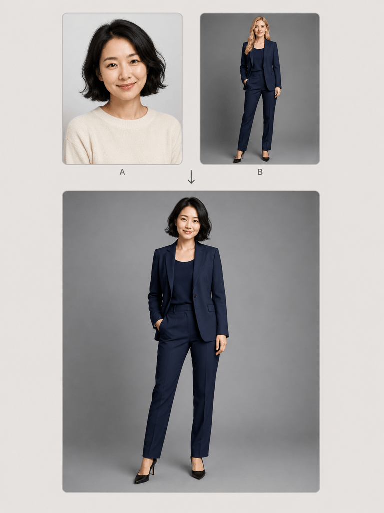 AI body swap formal portrait concept