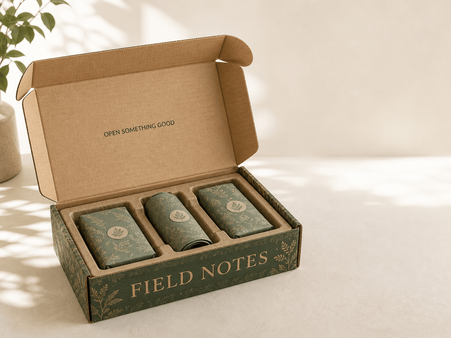 AI mailer box design with branded interior and product arrangement