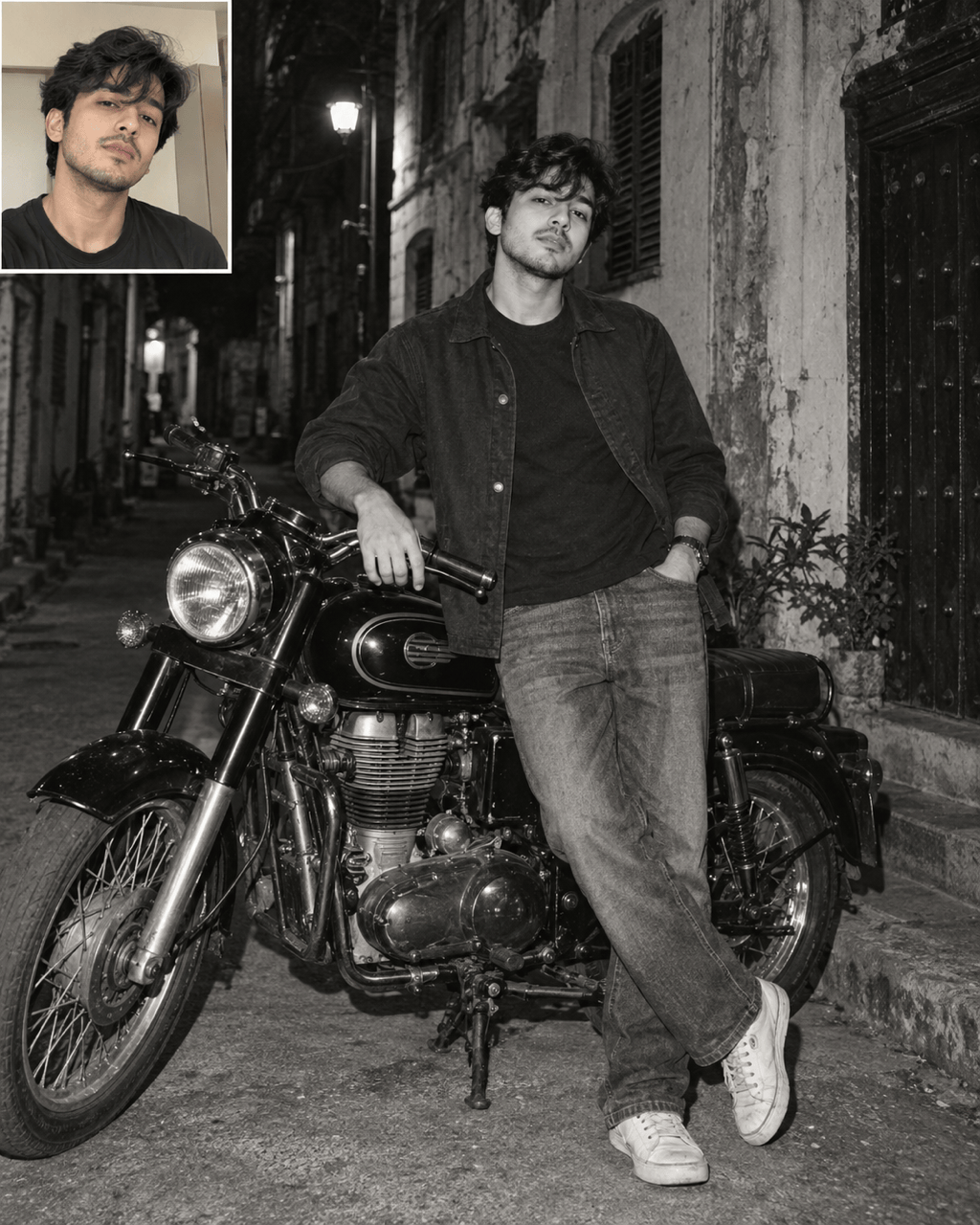 Black-and-white Bullet motorcycle AI portrait