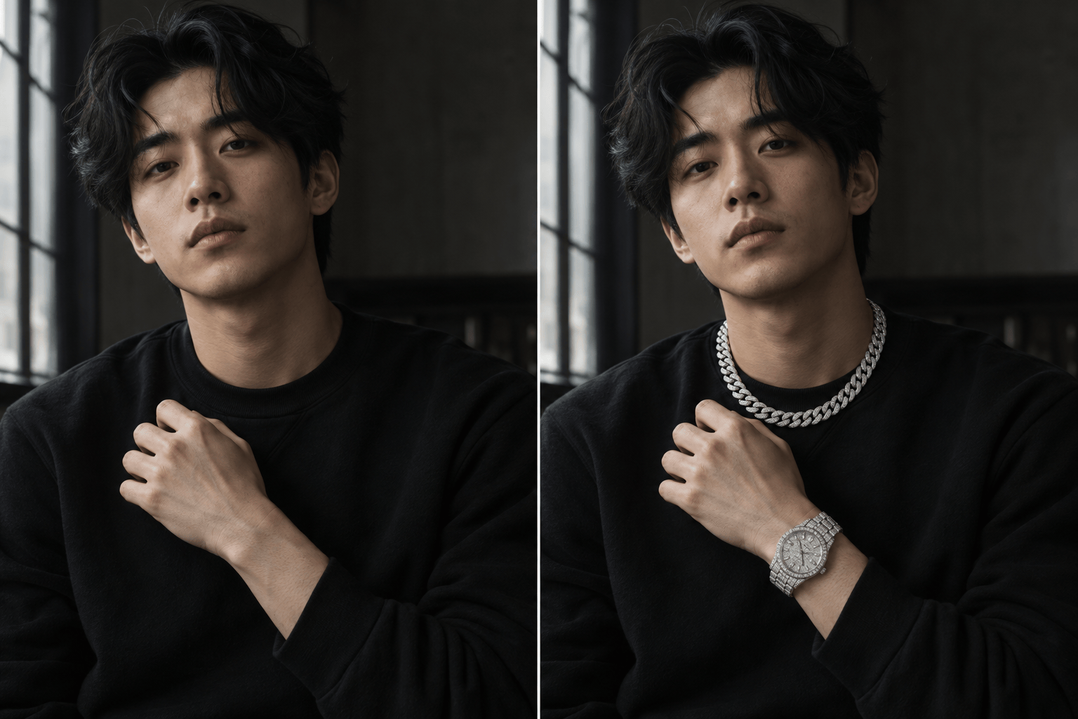 Iced-out chain and watch before after