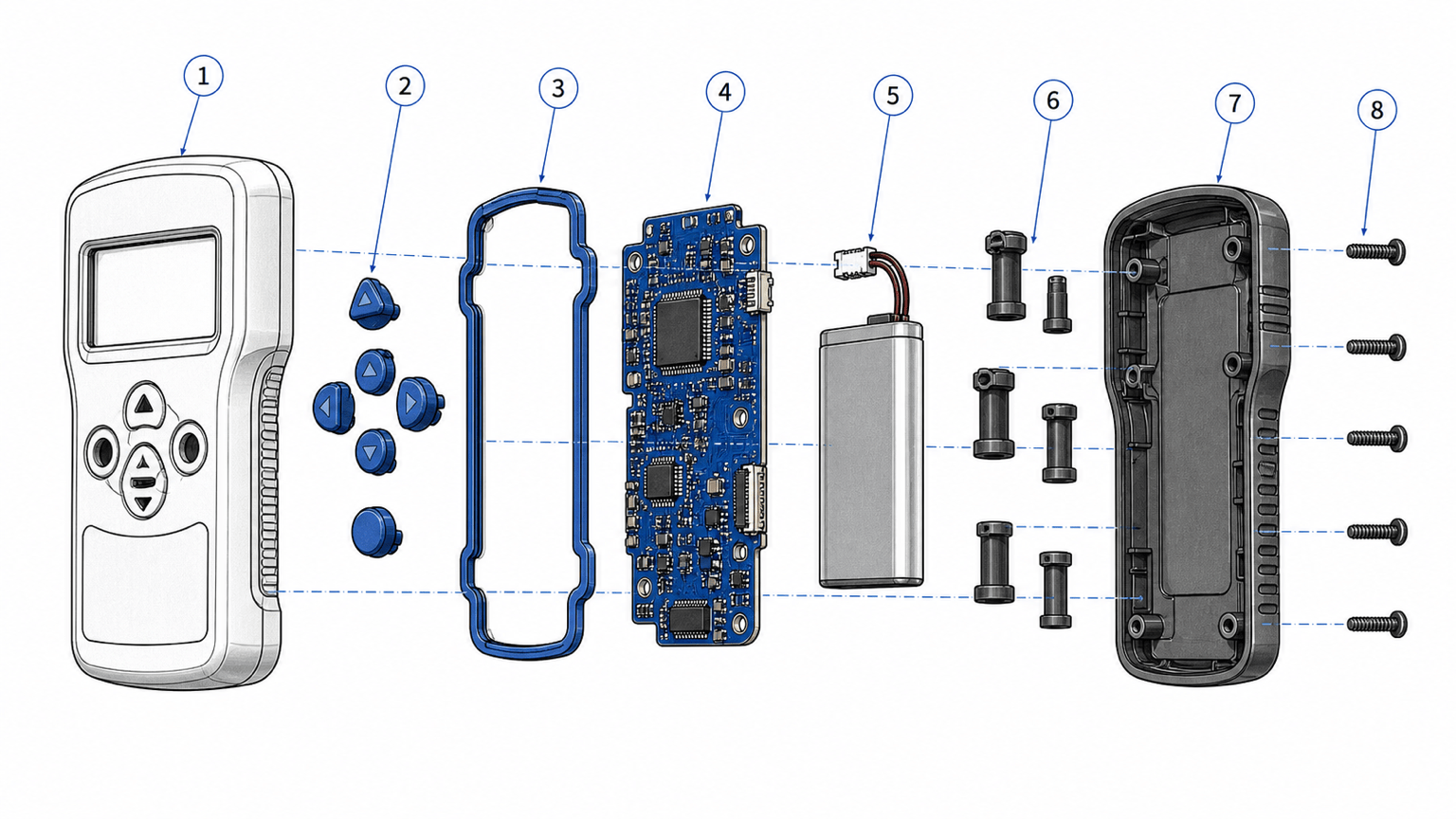 Exploded CAD-style enclosure drawing