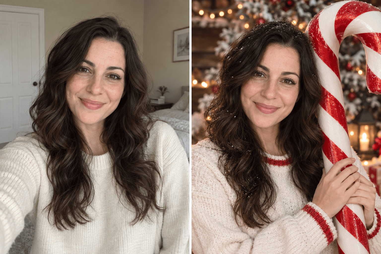 Candy cane selfie before and after