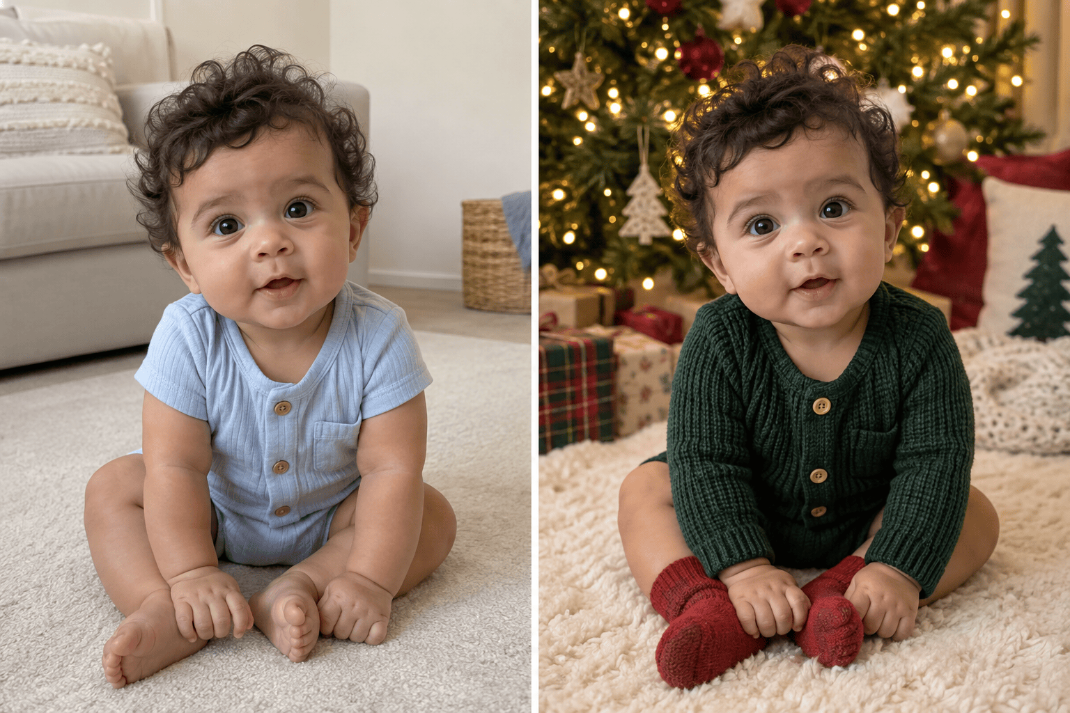 AI Christmas baby tree portrait before after