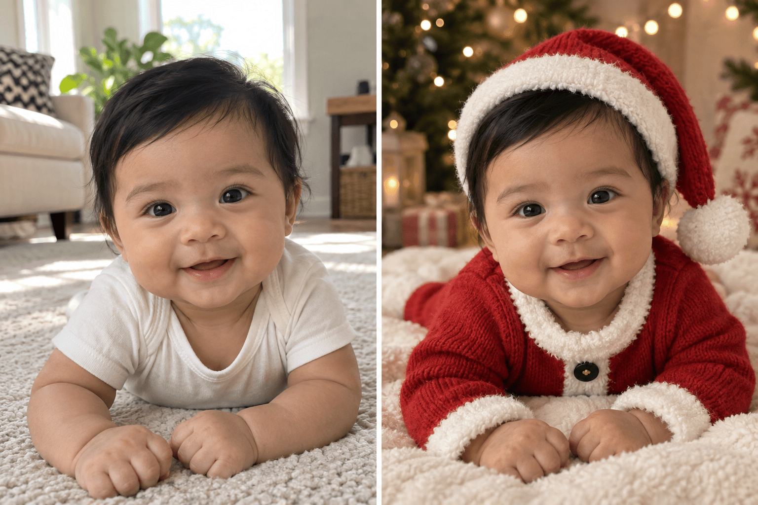 Christmas baby Santa portrait before after
