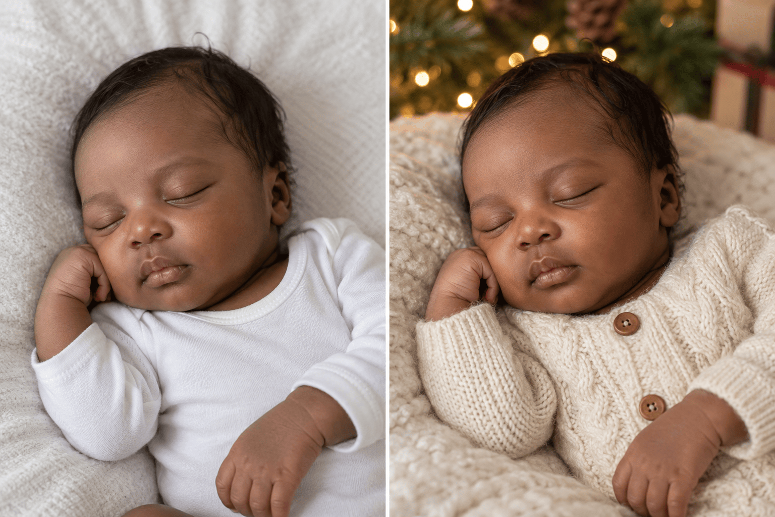 AI newborn Christmas photo before after