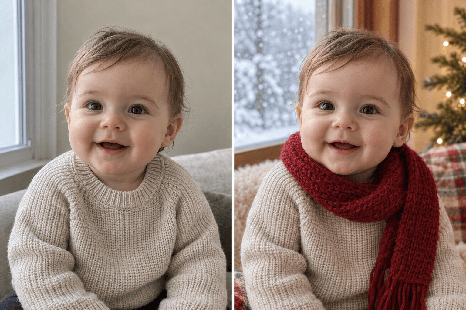 Christmas baby winter portrait before after