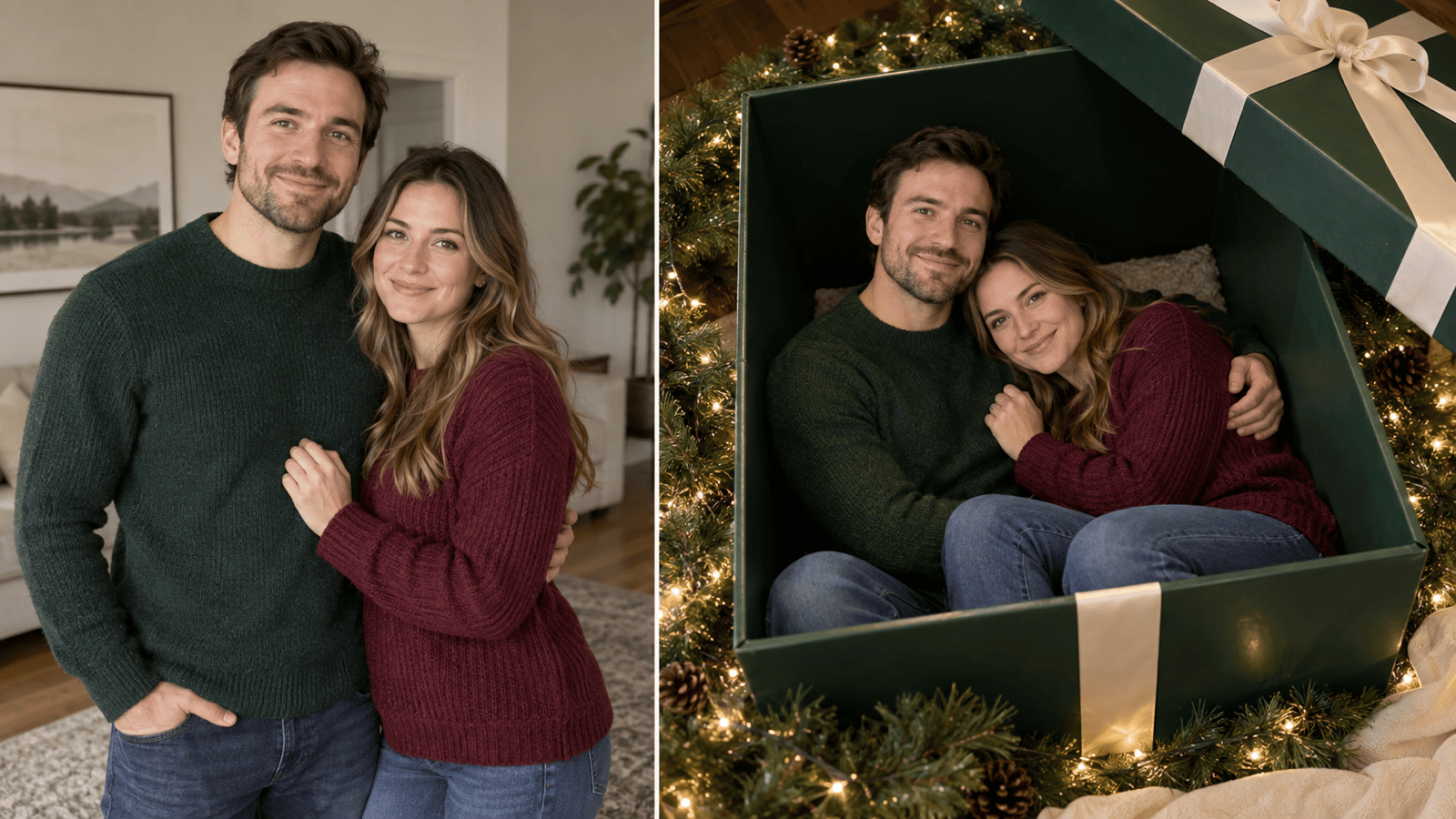 Couple Christmas box portrait before and after