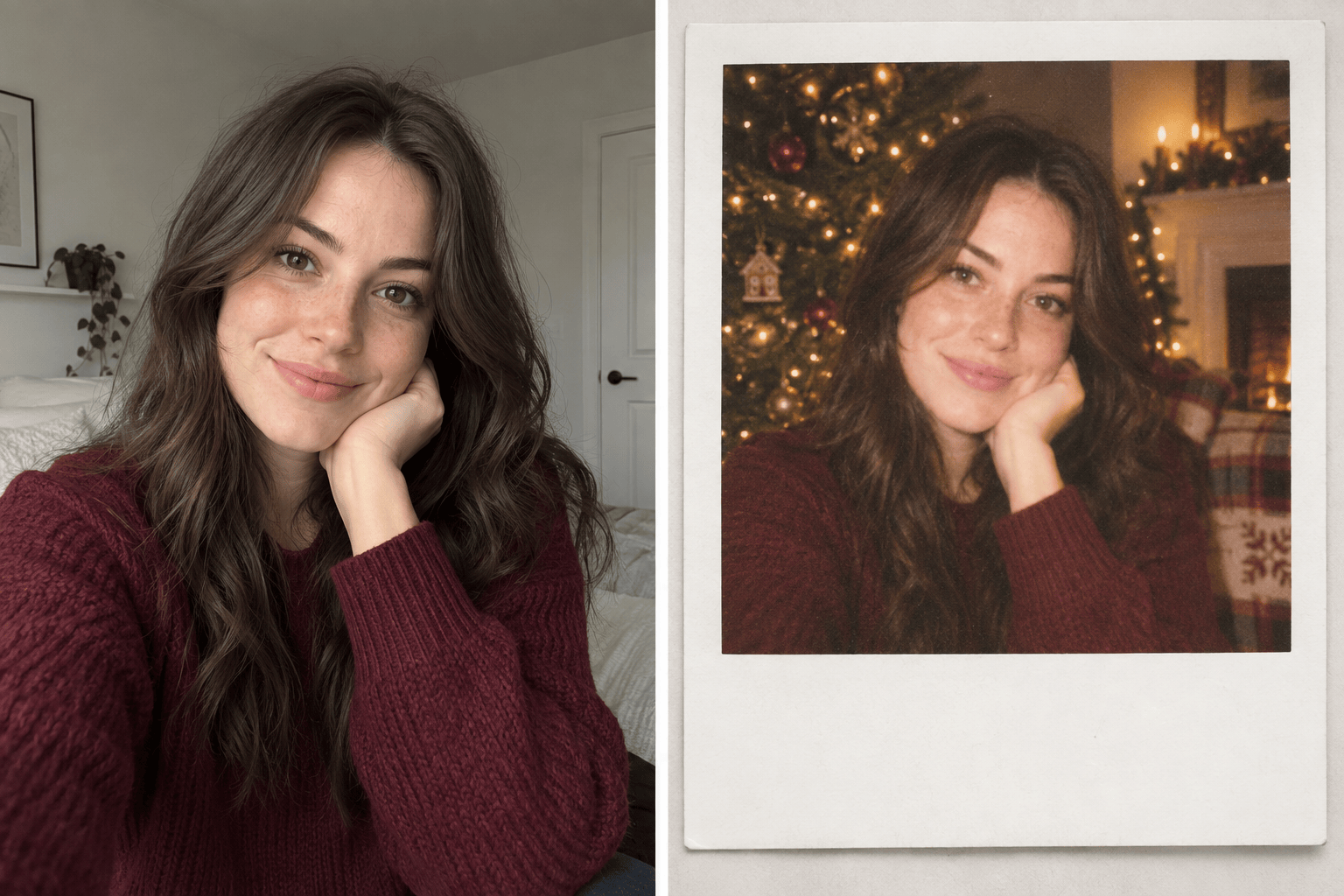 Christmas Polaroid portrait before and after