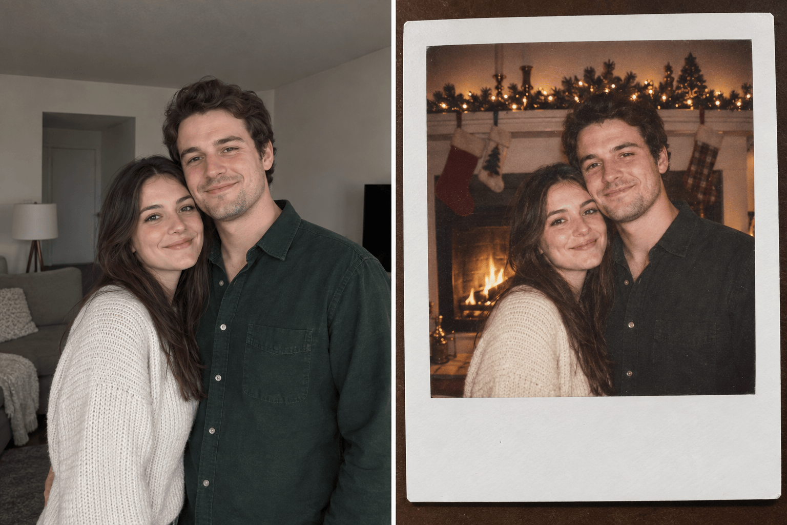 Couple Christmas Polaroid before and after