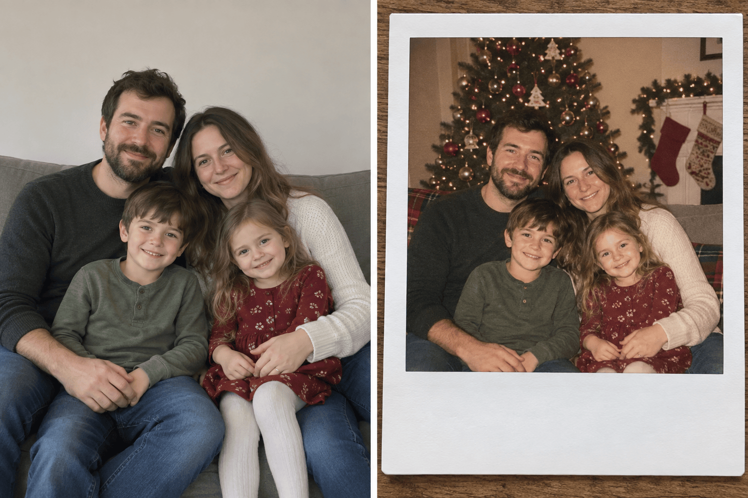Family Christmas Polaroid before and after
