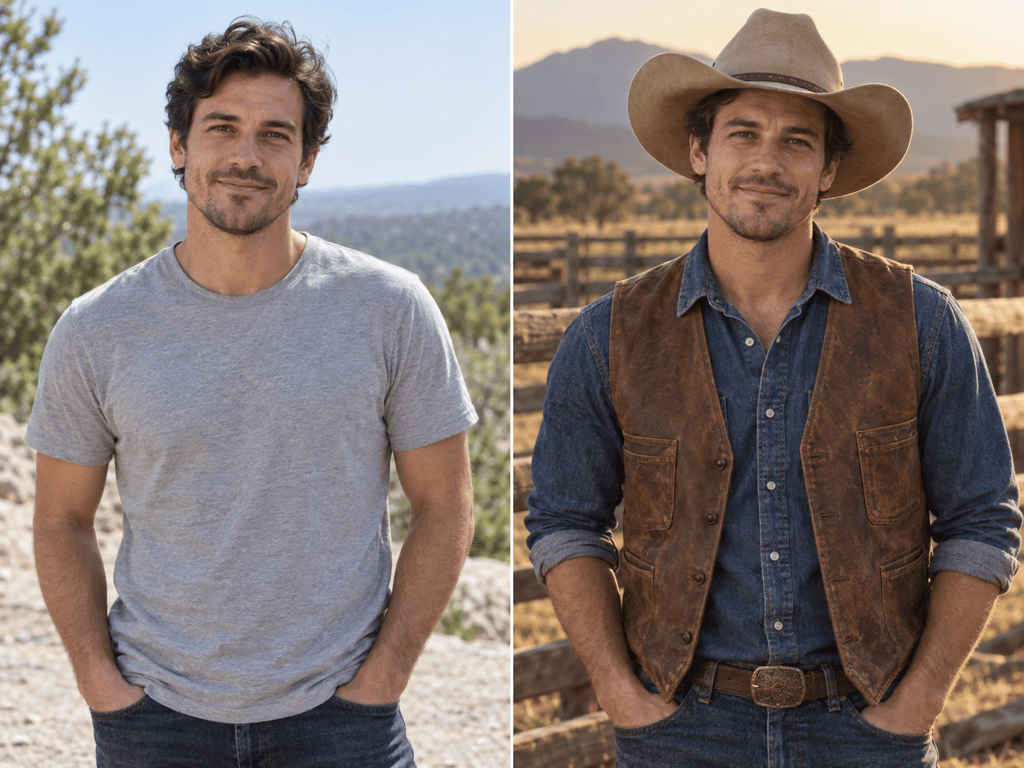 AI cowboy portrait before after