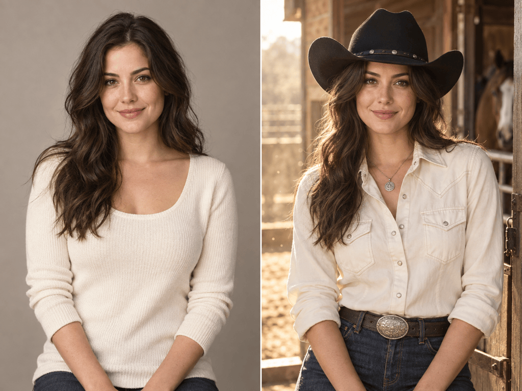 AI cowgirl transformation before after