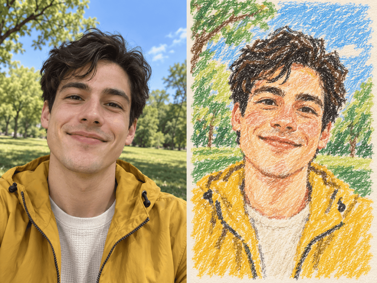 AI crayon portrait before after