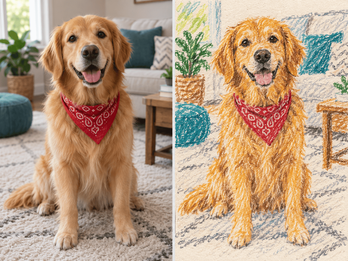 pet crayon drawing before after