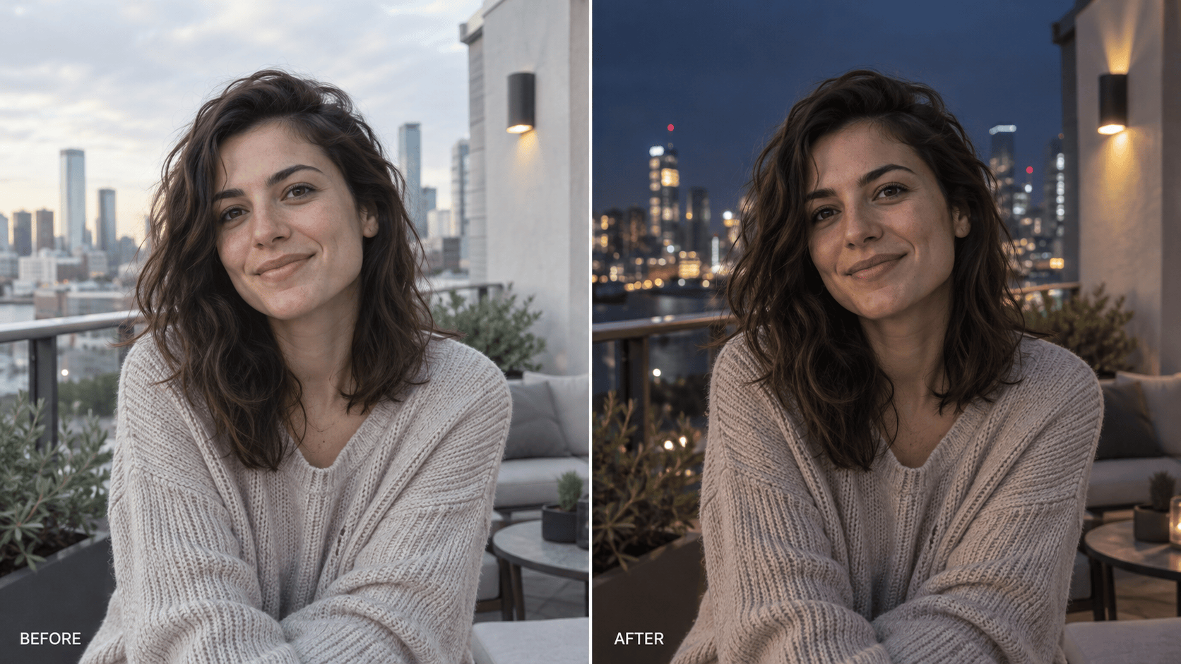 AI night portrait before after