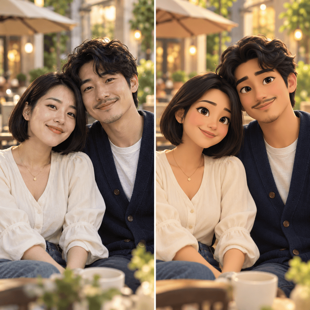 Disney cartoon couple before and after