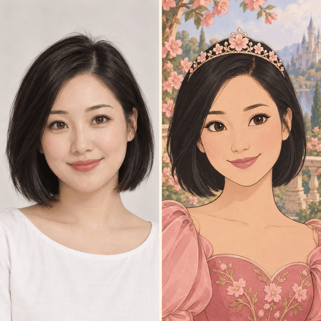 Photo to hand-drawn princess portrait comparison