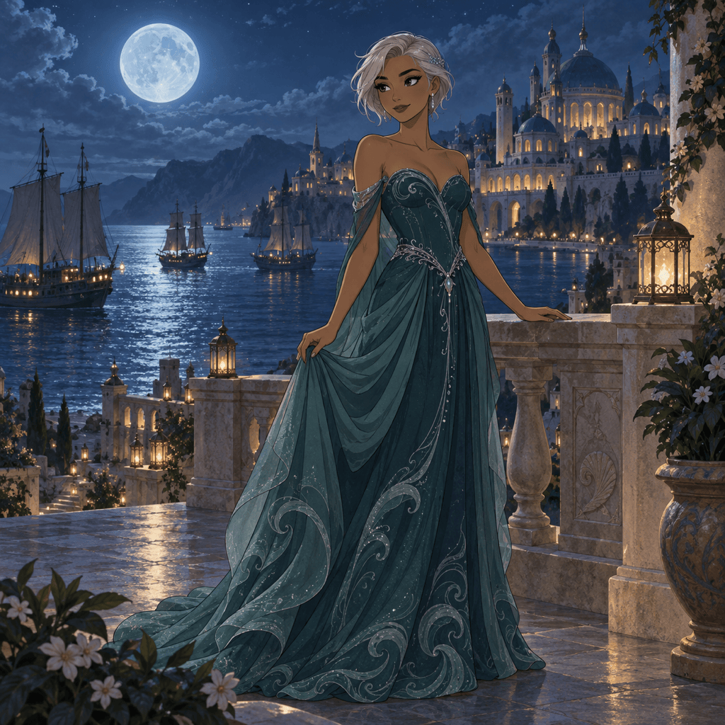 AI princess with moonlit ocean gown
