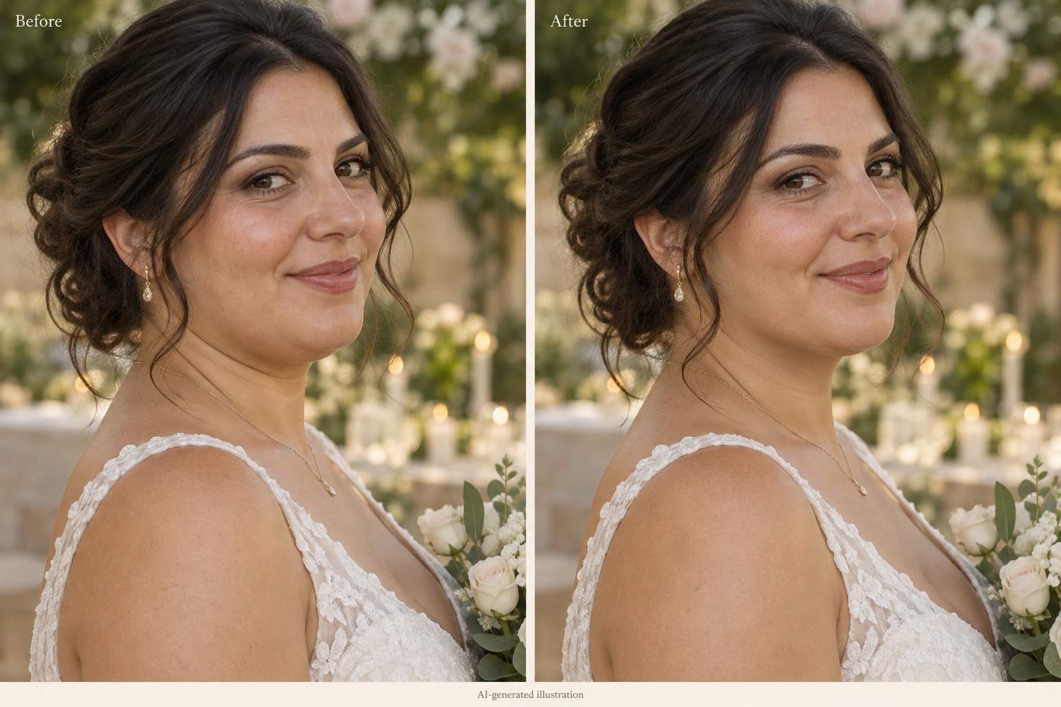 Wedding portrait double chin retouch comparison