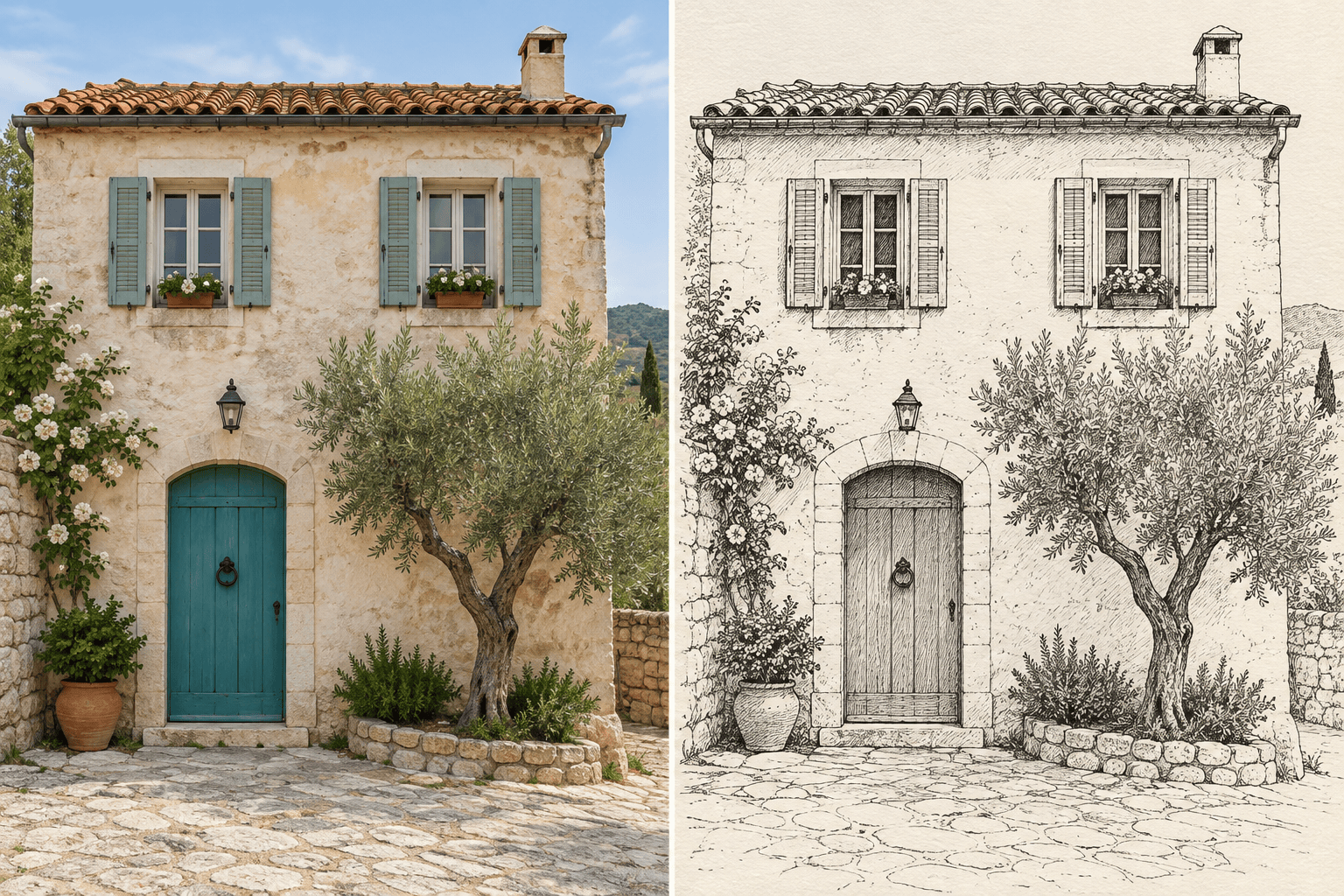 Building photo to ink drawing comparison