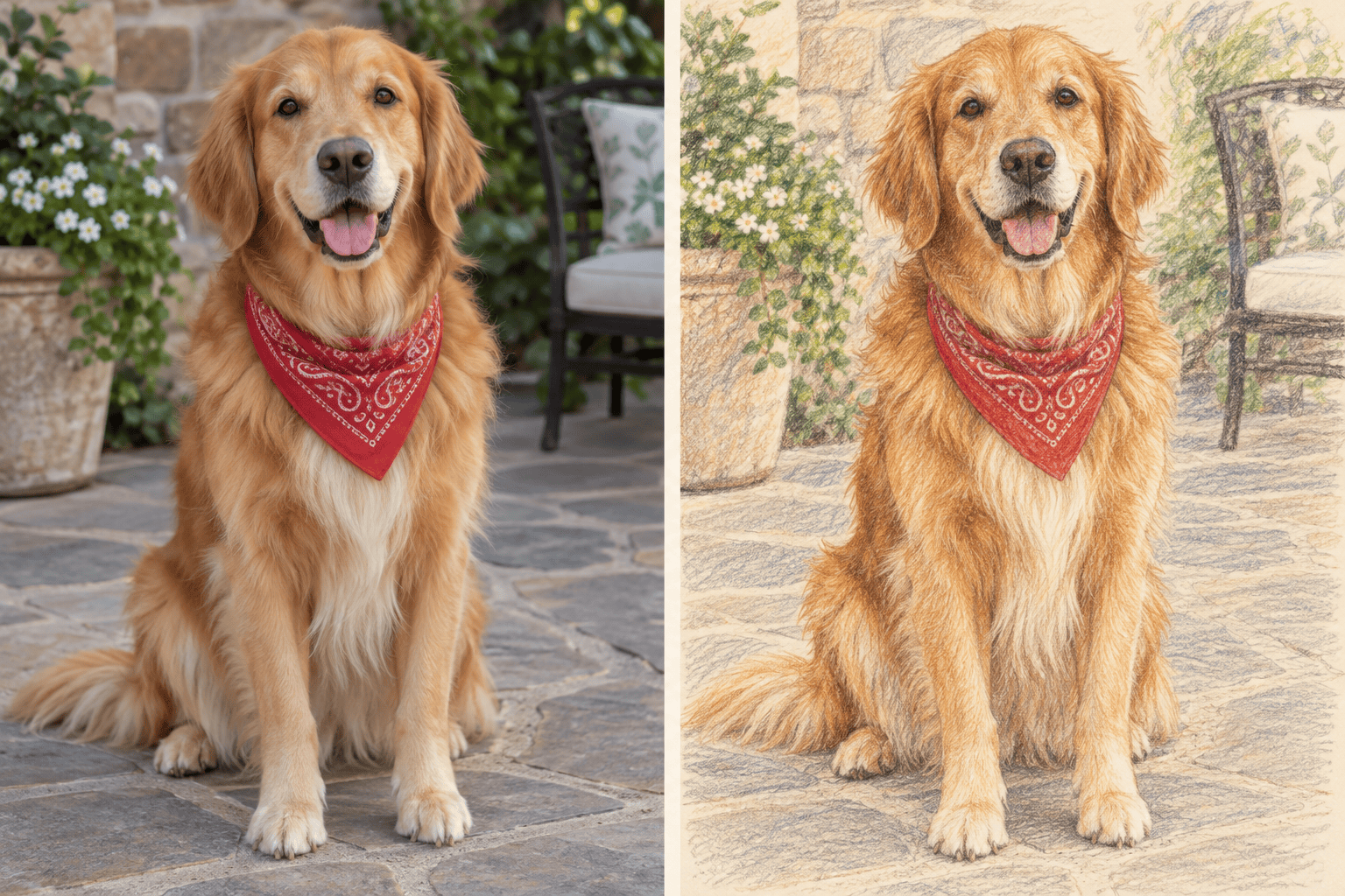 Pet photo to colored-pencil drawing comparison