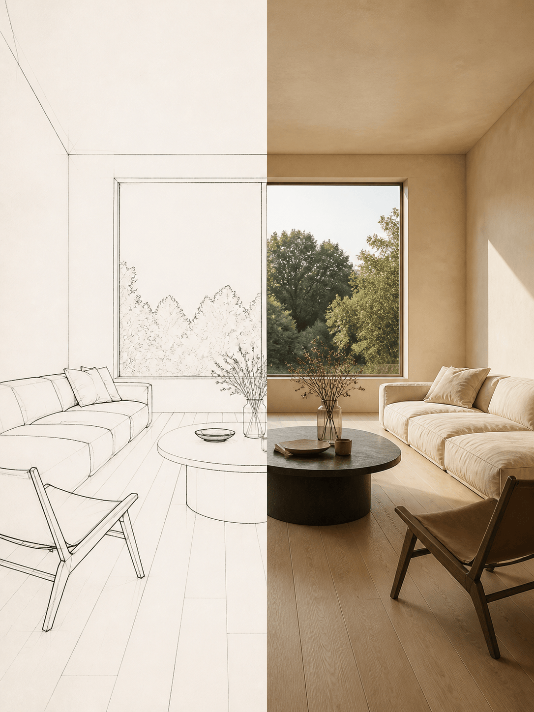 AI interior sketch realistic render