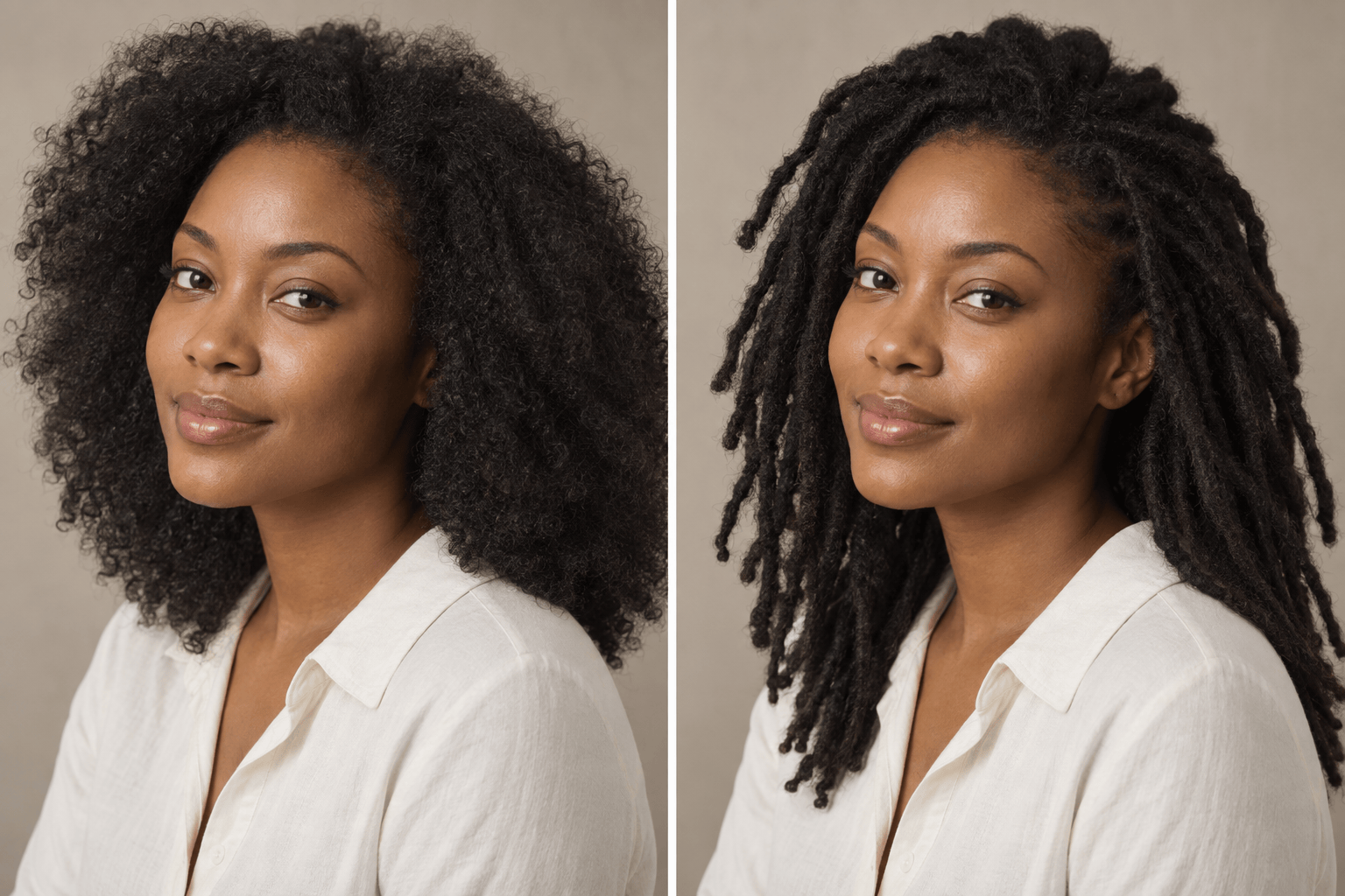 Freeform locs before and after portrait