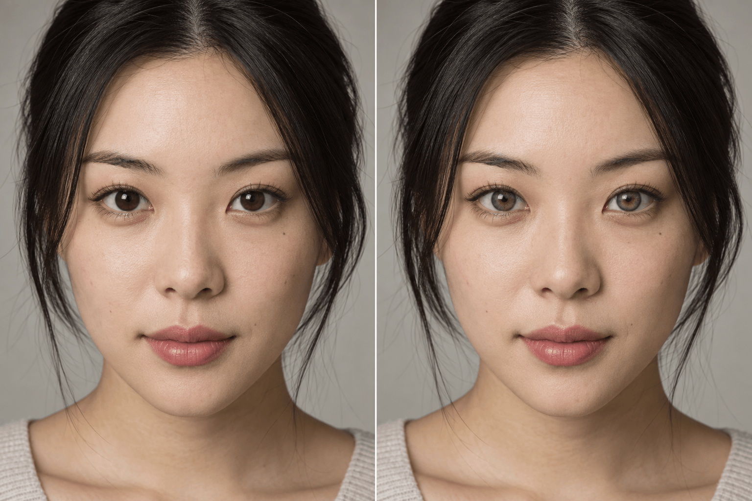 AI green eyes before and after