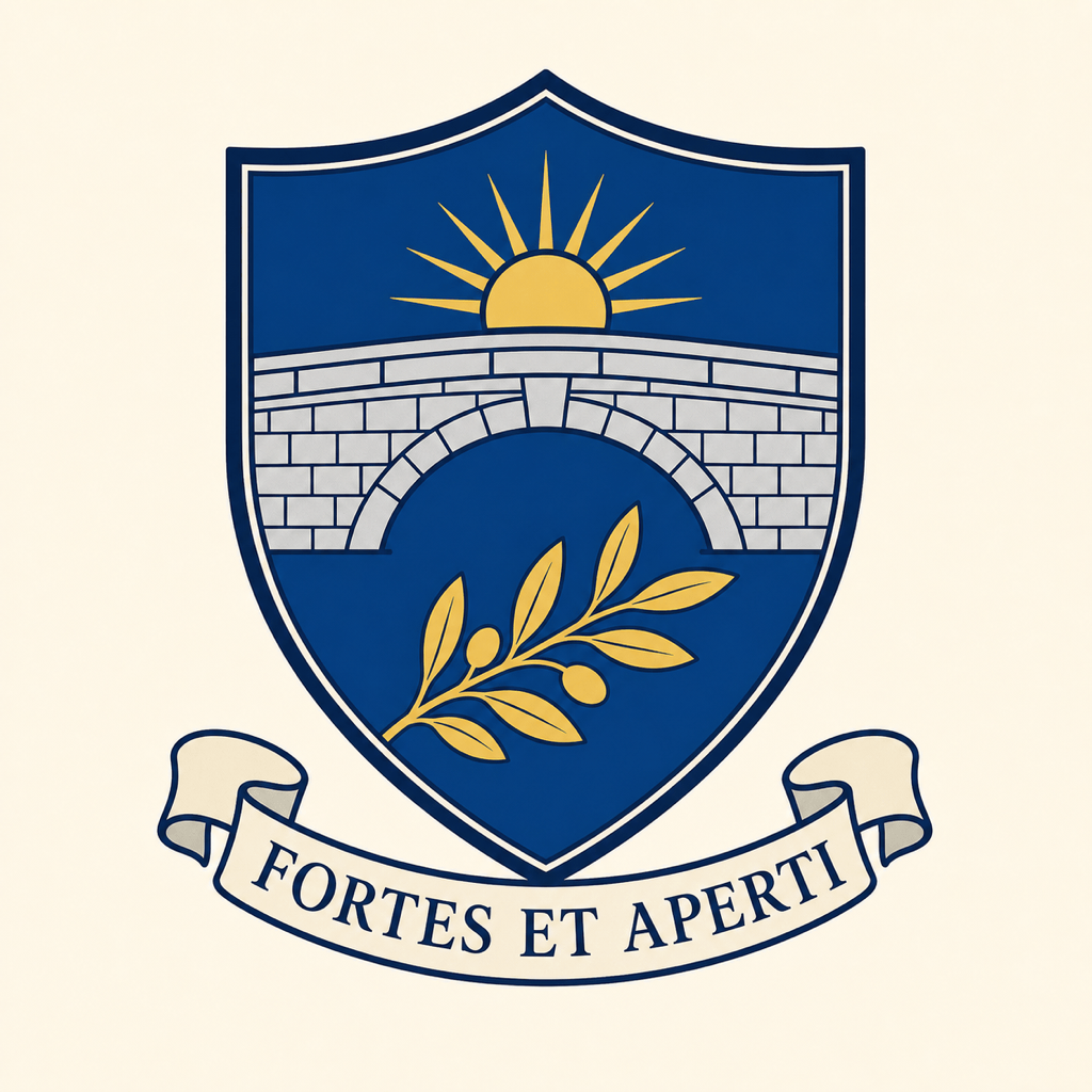 Traditional blue family crest with a silver bridge, gold sunrise, olive branch, and Latin motto