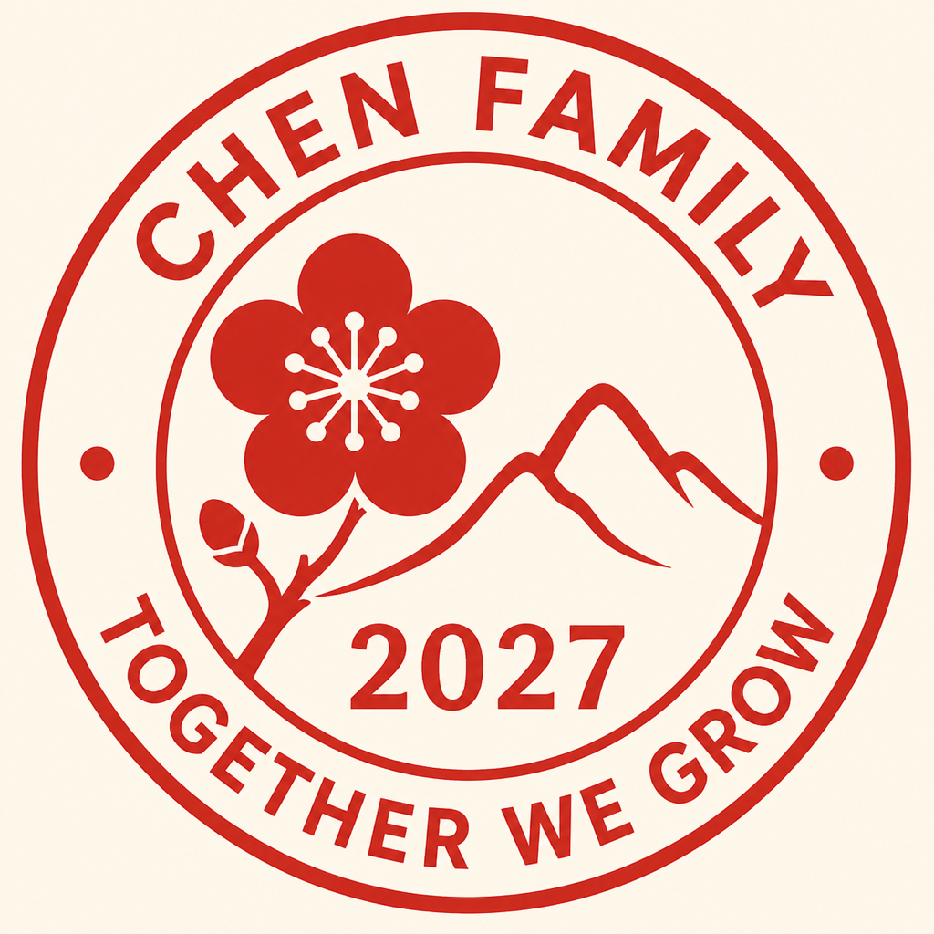 Modern red Chen family reunion emblem with a plum blossom, mountain line, and 2027 date