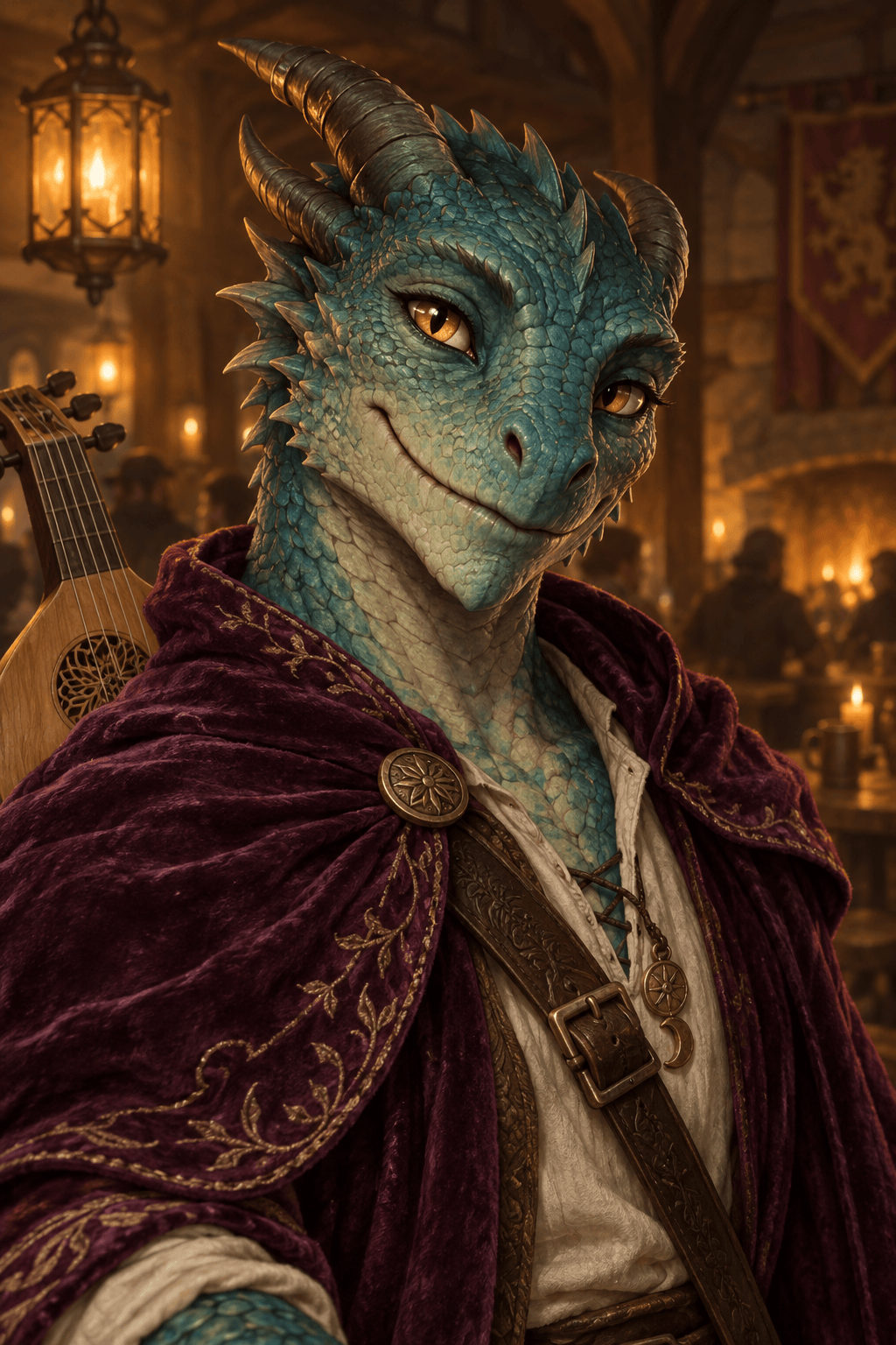 Dragonborn bard fantasy RPG portrait