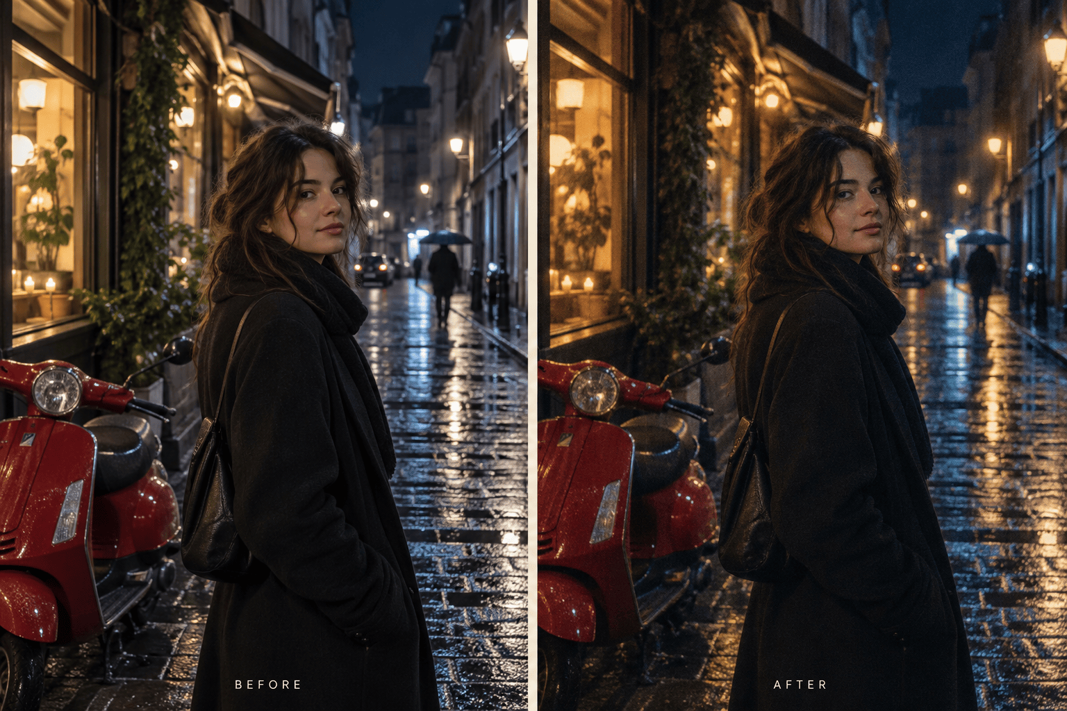 Cinematic night photo filter comparison