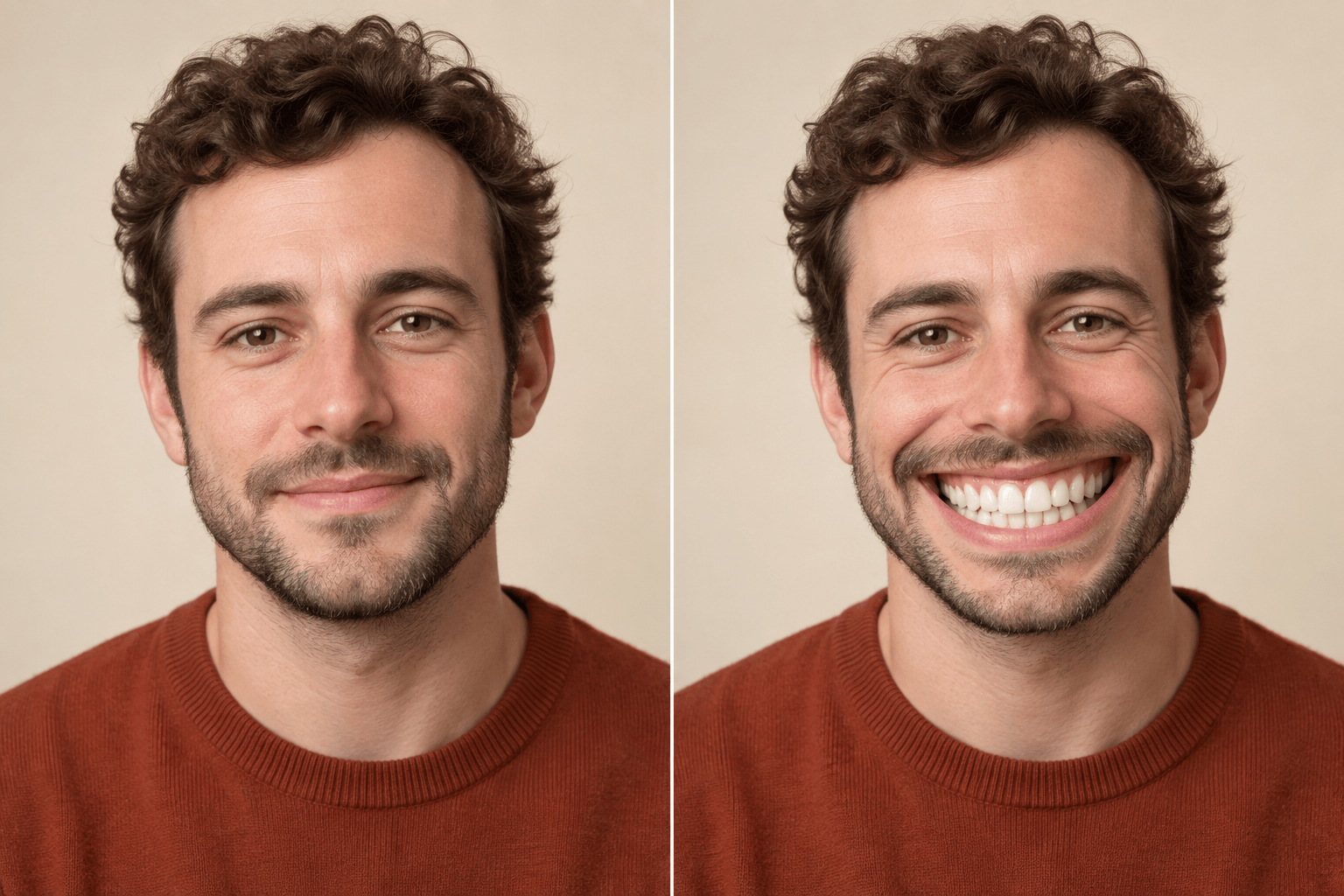 Funny wide grin before and after