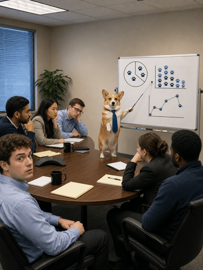 funny AI corgi office image