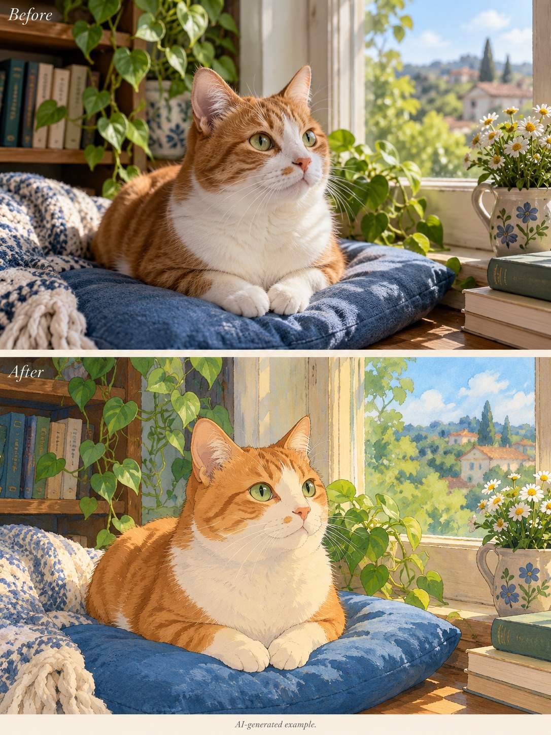 Ghibli pet portrait before and after