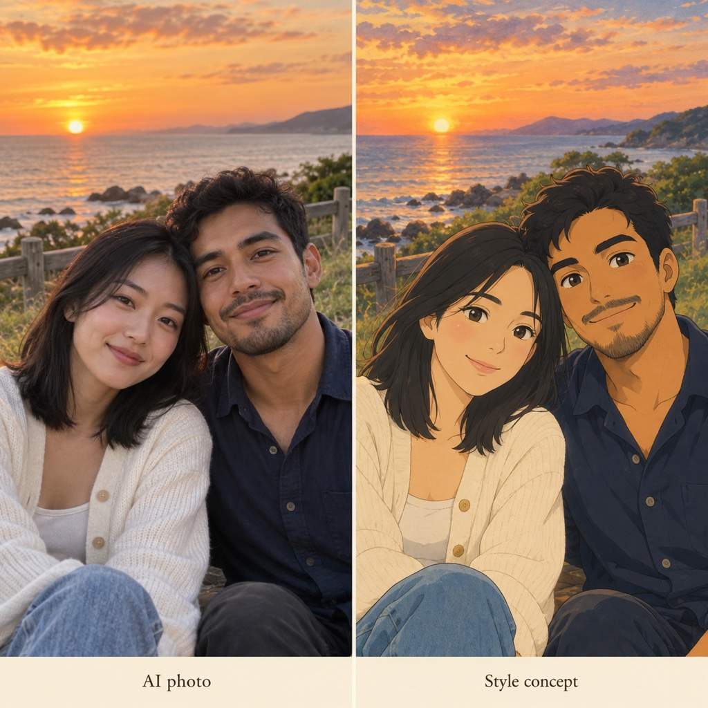 Ghibli couple portrait comparison illustration