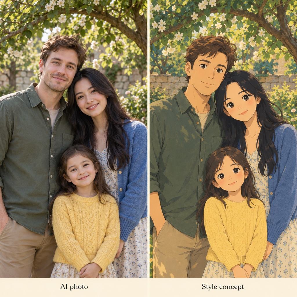 Ghibli family portrait comparison illustration