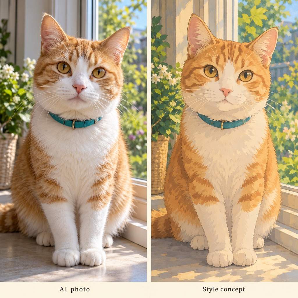 Ghibli pet portrait comparison illustration