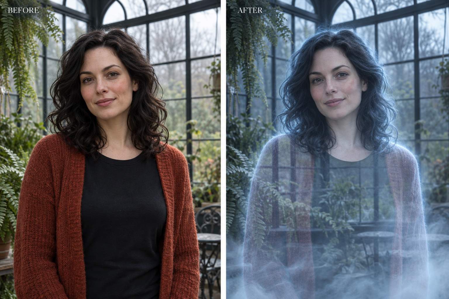 Translucent ghost portrait before and after