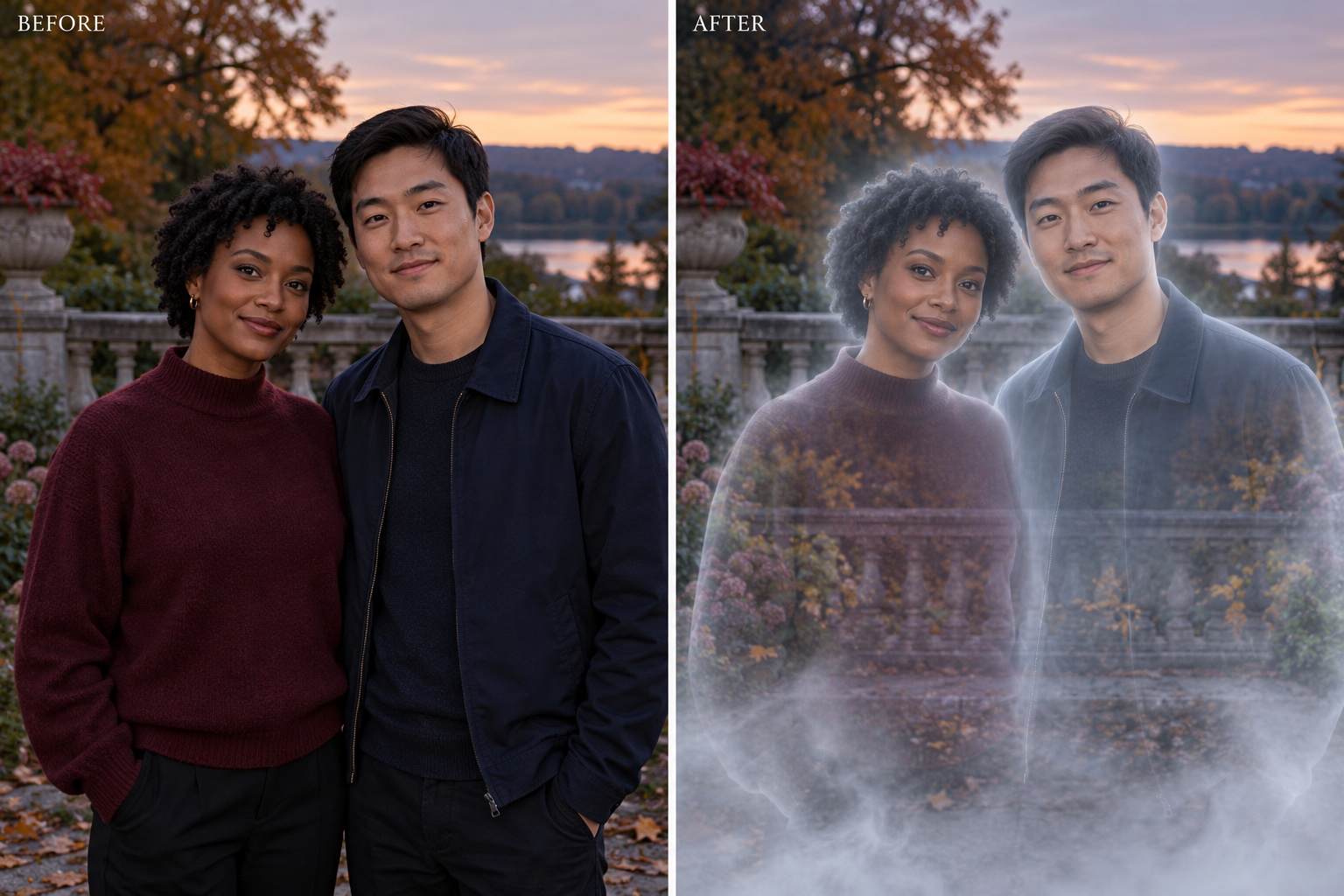 Ghost couple portrait before and after